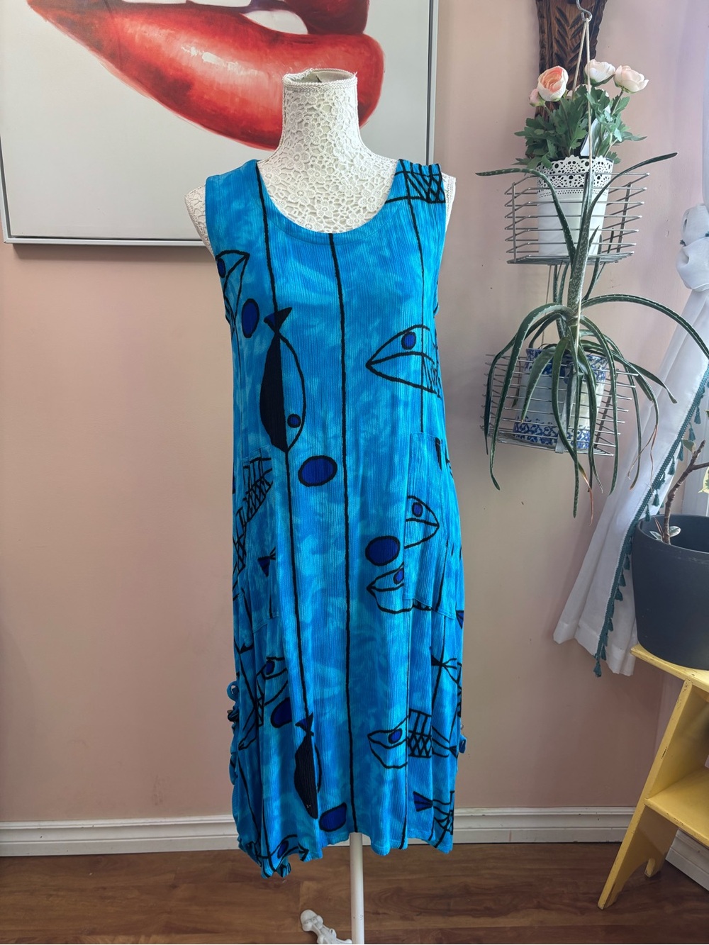 Vintage Bright Blue Sleeveless Maxi Dress with Fish Print